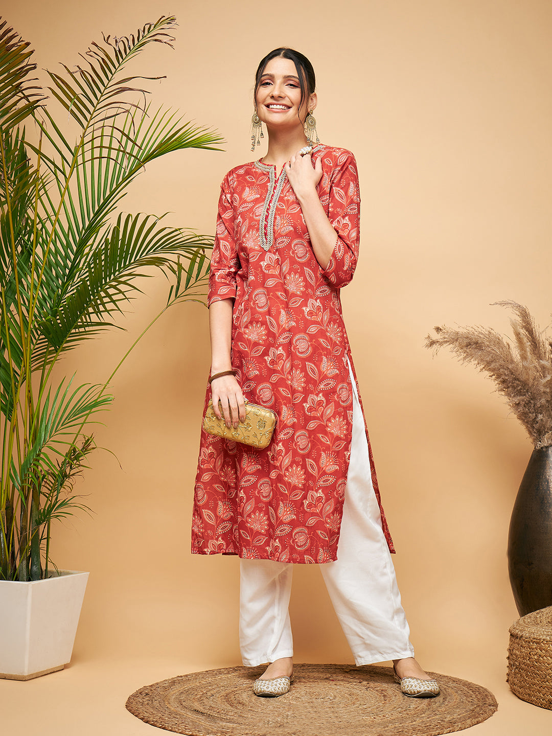 InWeave Women's Rust Paisley Print Gota Straight Kurta