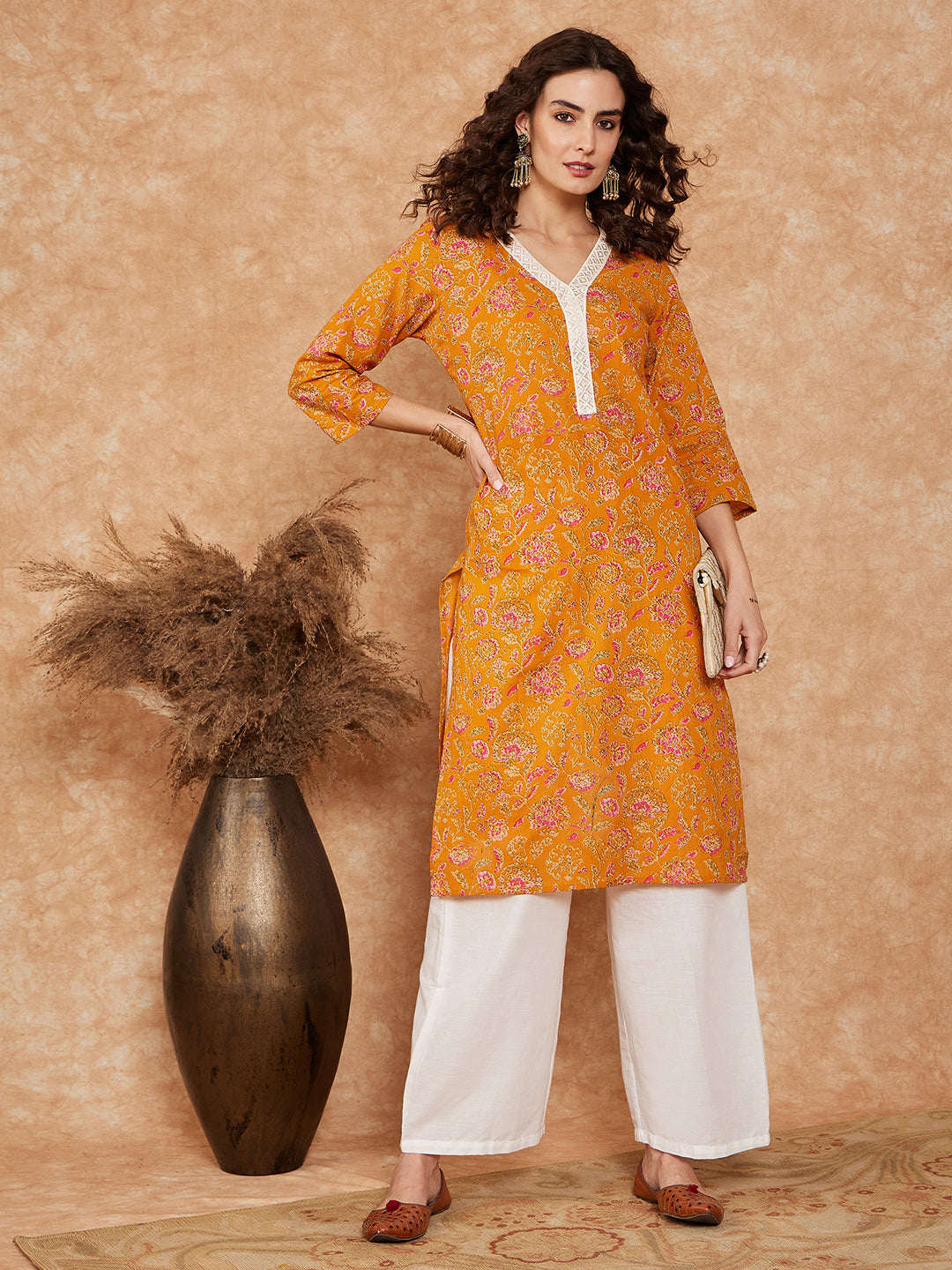 InWeave Women's Fire Yellow Print V Neck Lace Work Straight Kurta