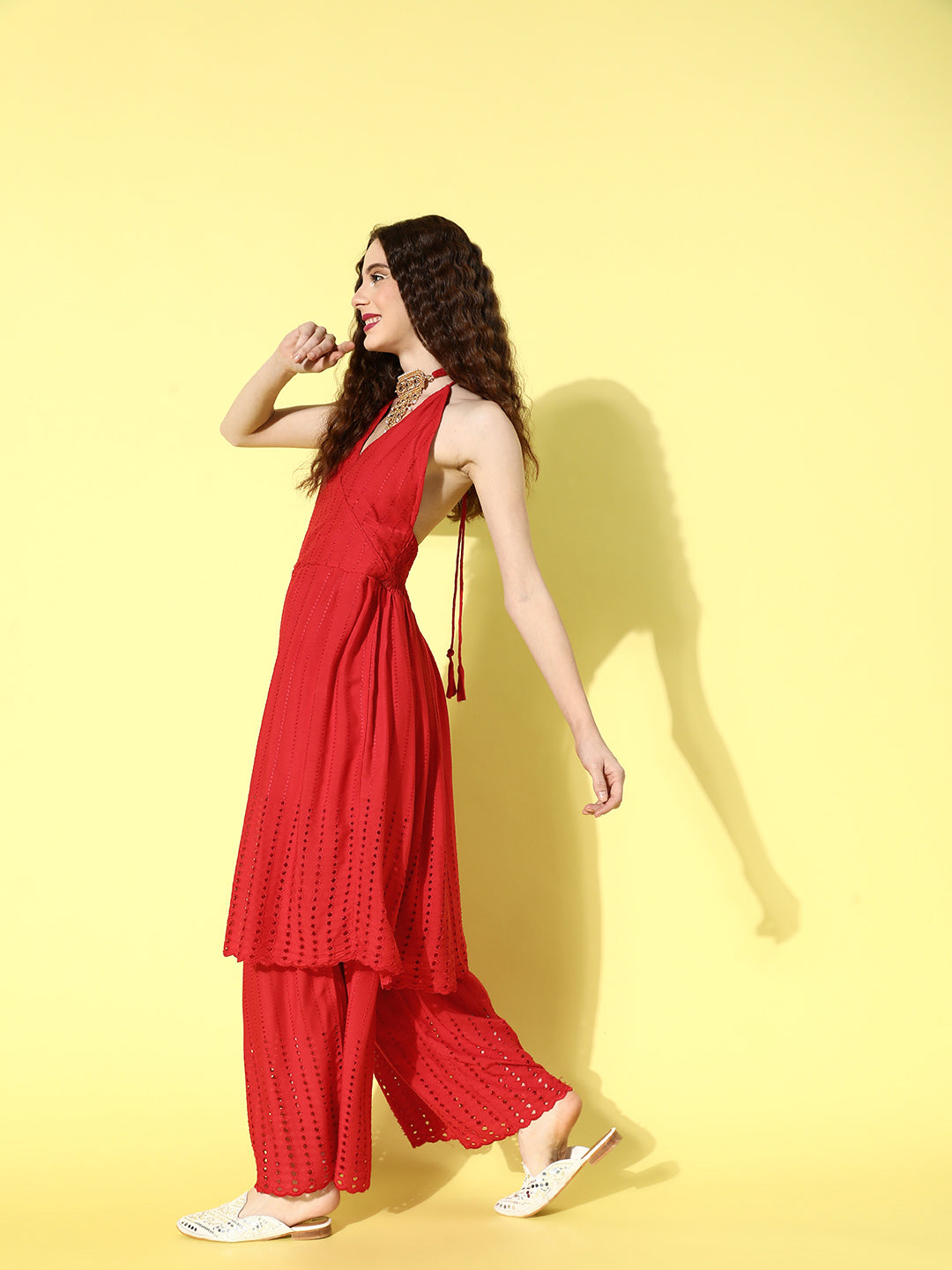 InWeave Women's Red Lace Work Backless Kurta Sharara Set With Lehariya Dupatta