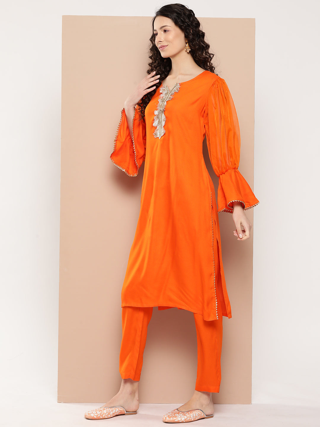 InWeave Women's Orange Organza Sleeve Kurta Set W Green Or Dupatta