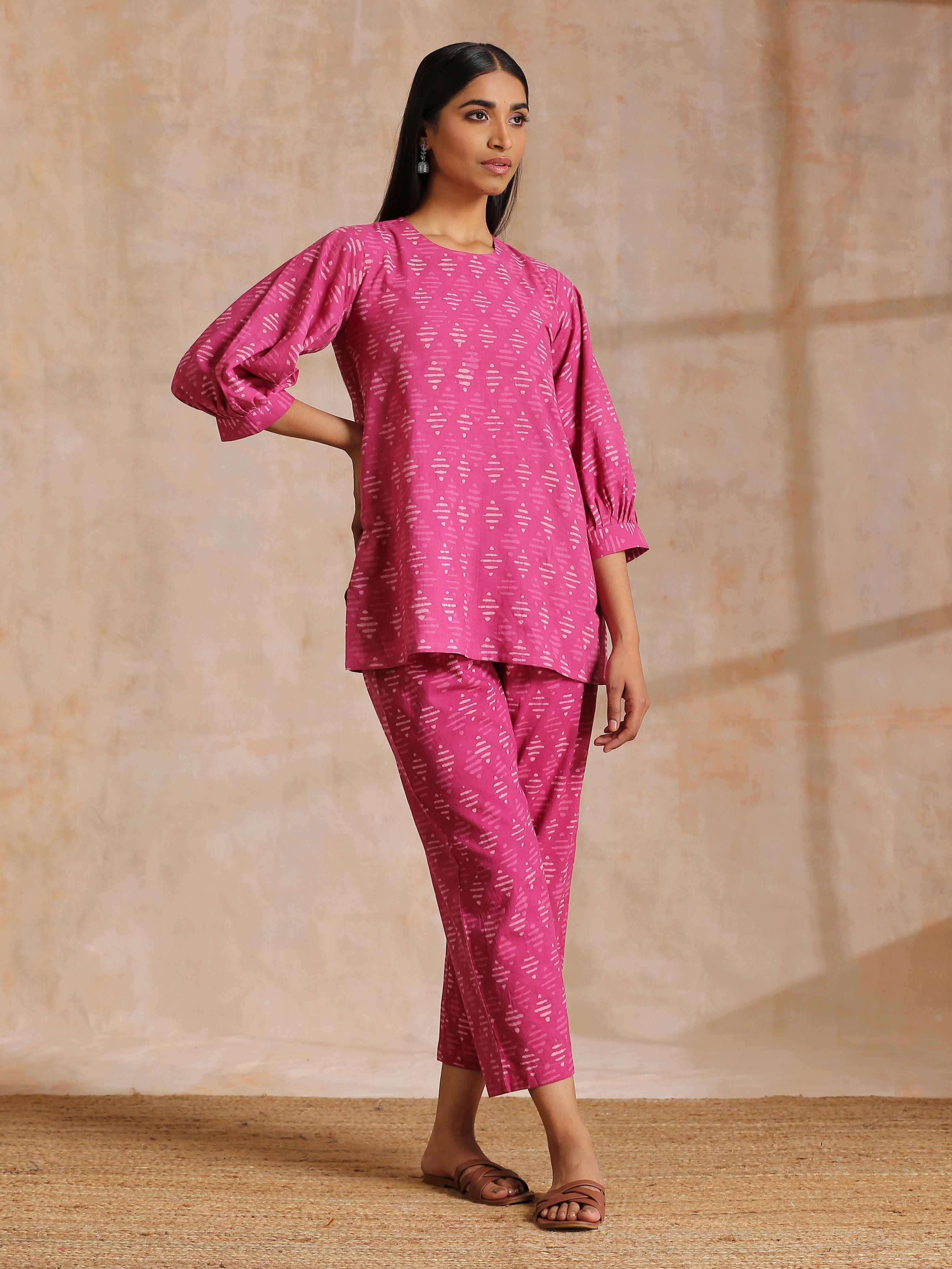 trueBrowns Pink Dabu Print Cotton Baggy Sleeve Co-Ord Set