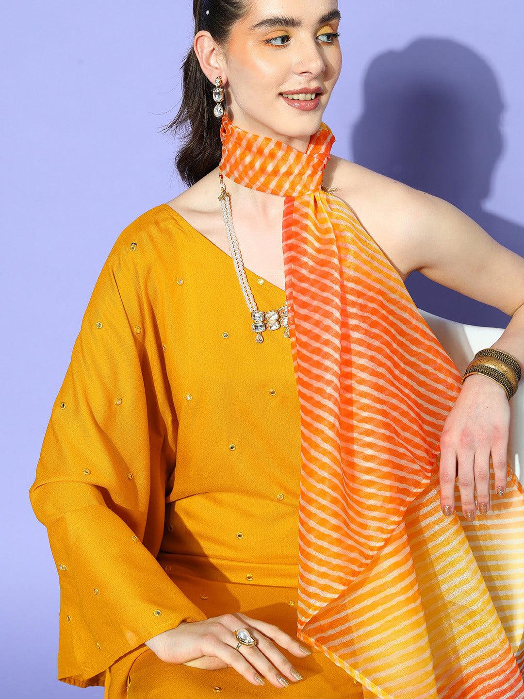 InWeave Women's Mustard Mirror Work One Shoulder Kurta Set With Dupatta