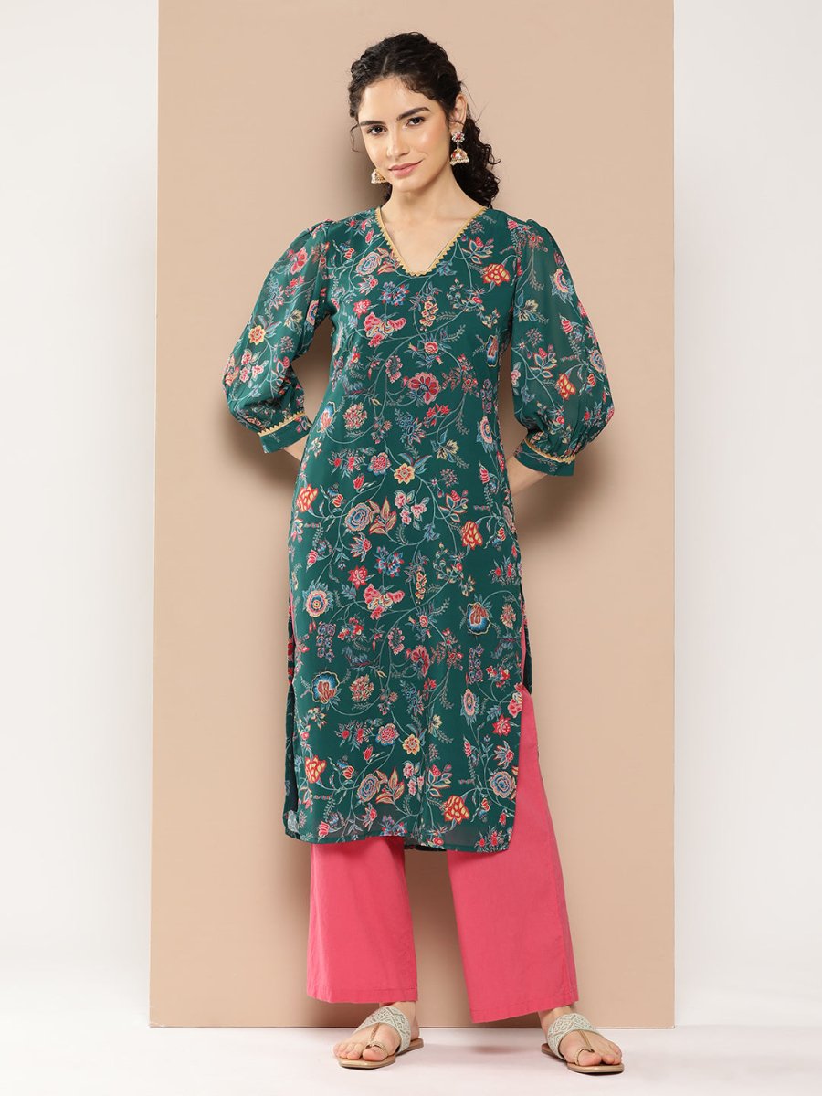 Ahalyaa Women Floral Printed Gotta Patti Floral Georgette Kurta