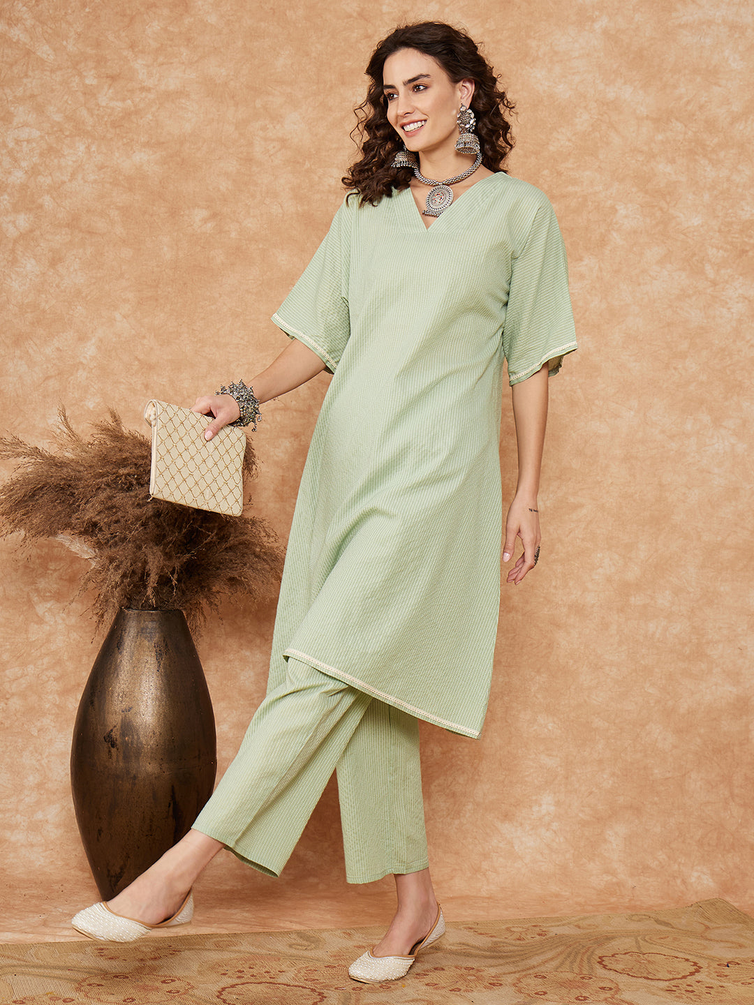 InWeave Women's Sage Green Kantha Lace Wrok Kimono Sleeve Kurta Set