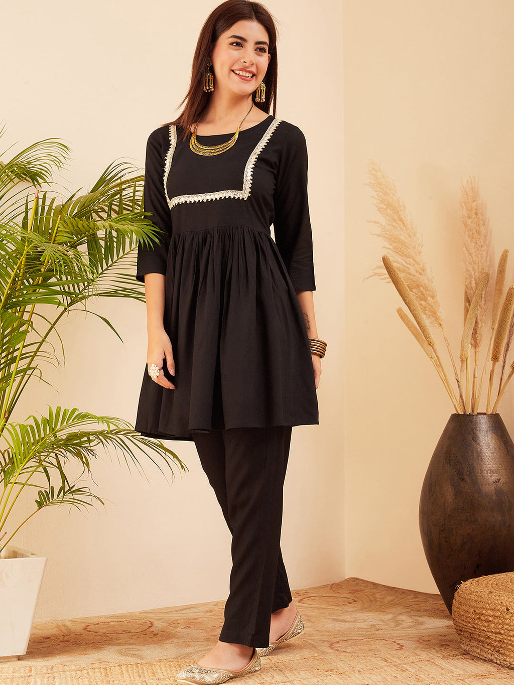 InWeave Women's Black Round Neck Square Gota Work Kurta Pant Set