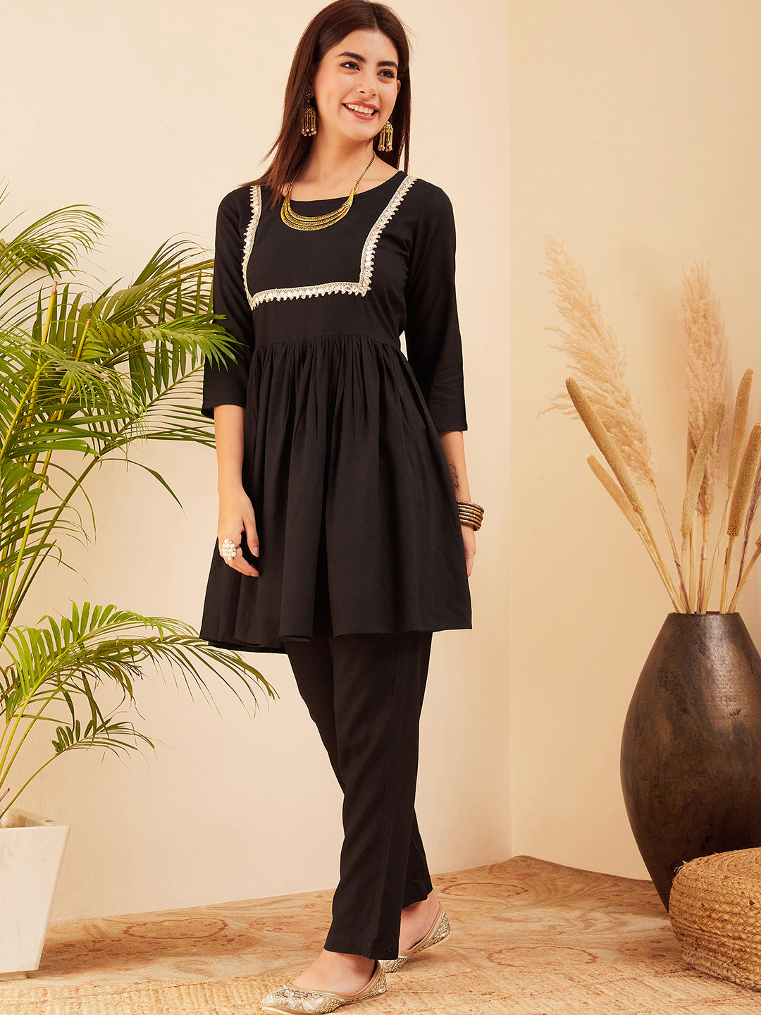InWeave Women's Black Round Neck Square Gota Work Kurta Pant Set