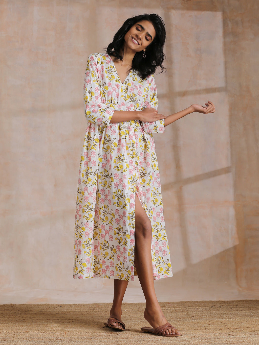 trueBrowns Pink Yellow Floral On White Block Print Cotton Wrap Dress