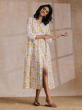 trueBrowns Pink Yellow Floral On White Block Print Cotton Wrap Dress
