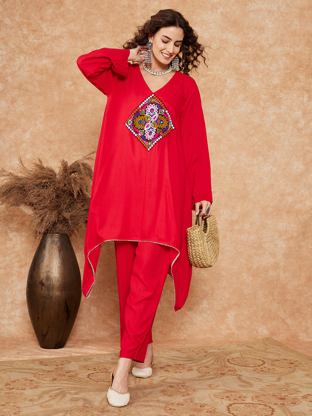 InWeave Women's Red Square Maroon Patch Work Assymentrical Kurta Set