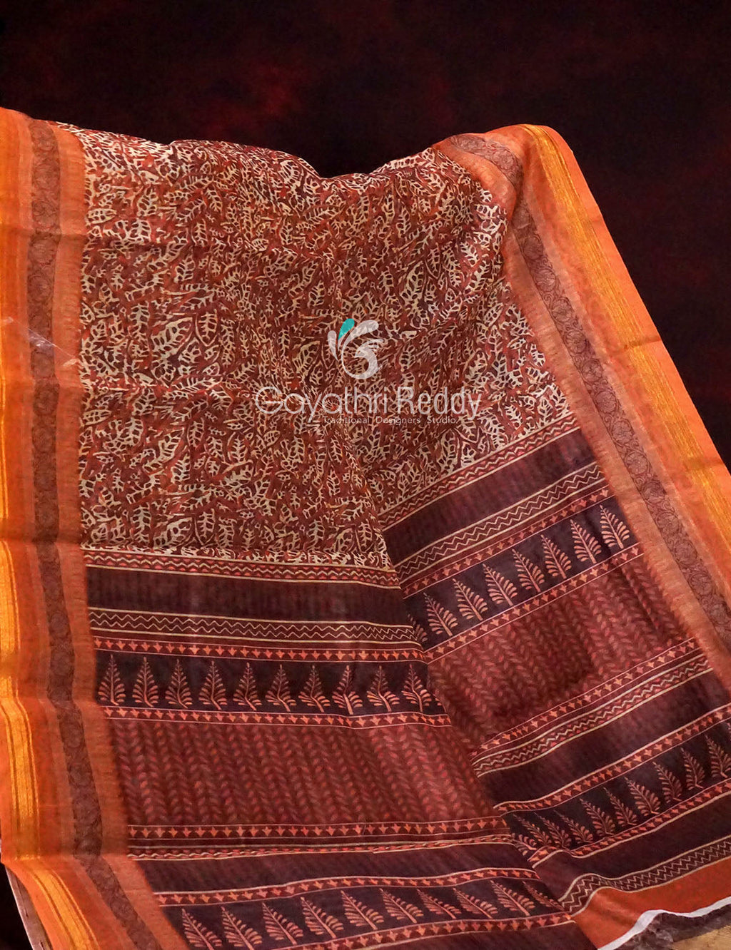 Orange and Rust Printed Semi Chanderi Saree By Gayathri Reddy Designer Studio