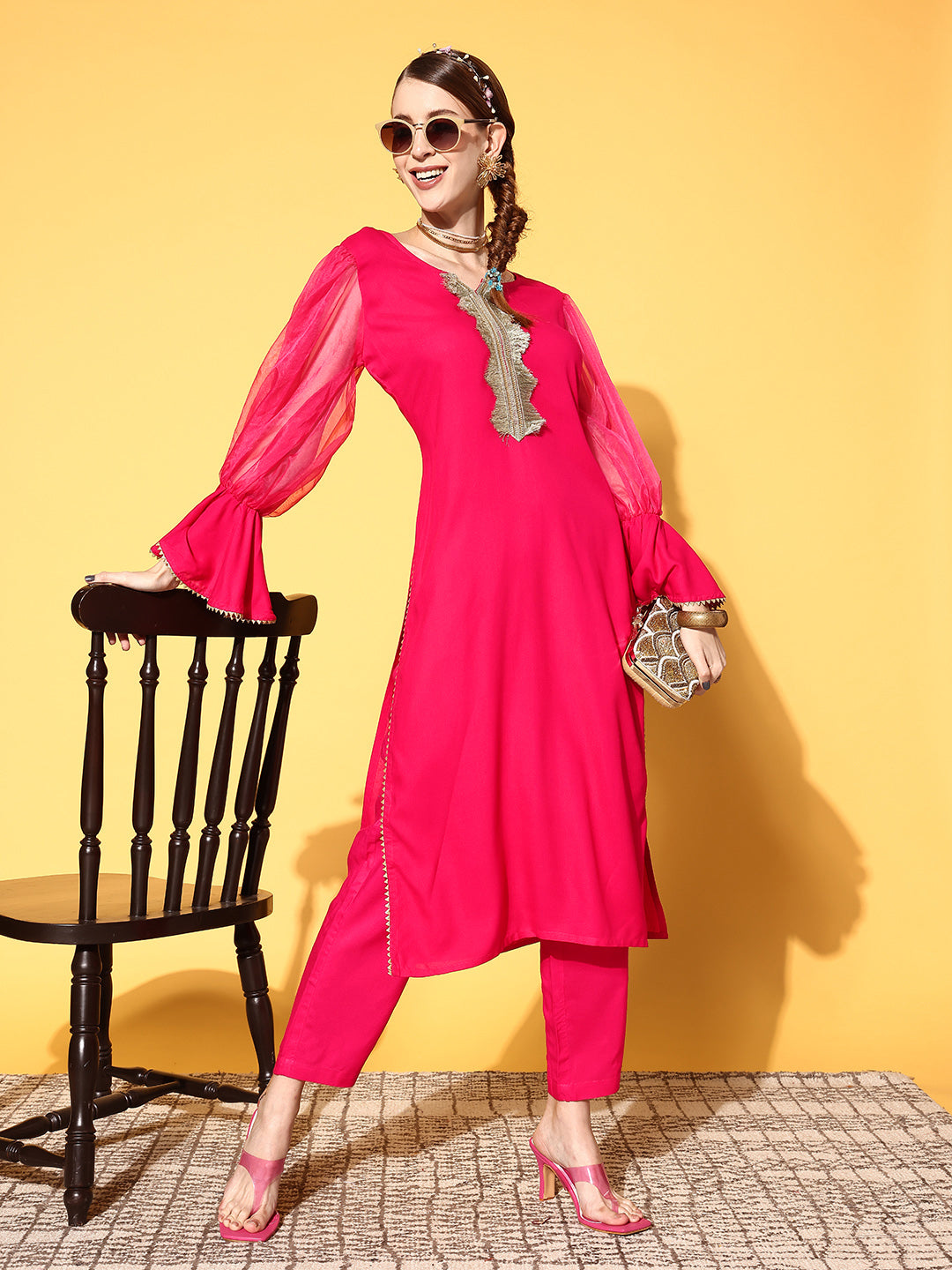 InWeave Women's Fuschia Organza Sleeve Gota Work Kurta Set