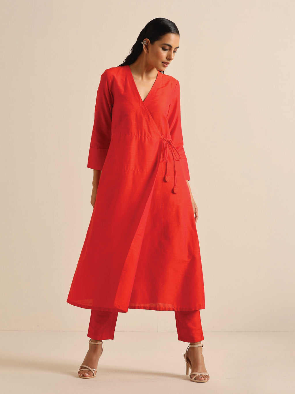 trueBrowns Orange Dupion Blend Angrakha Kurta Pant Set