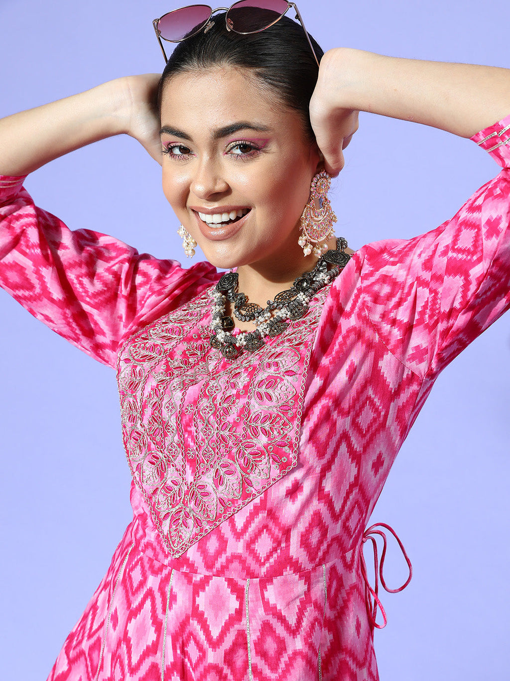 InWeave Women's Abstract Pink Print Long Dress With Work