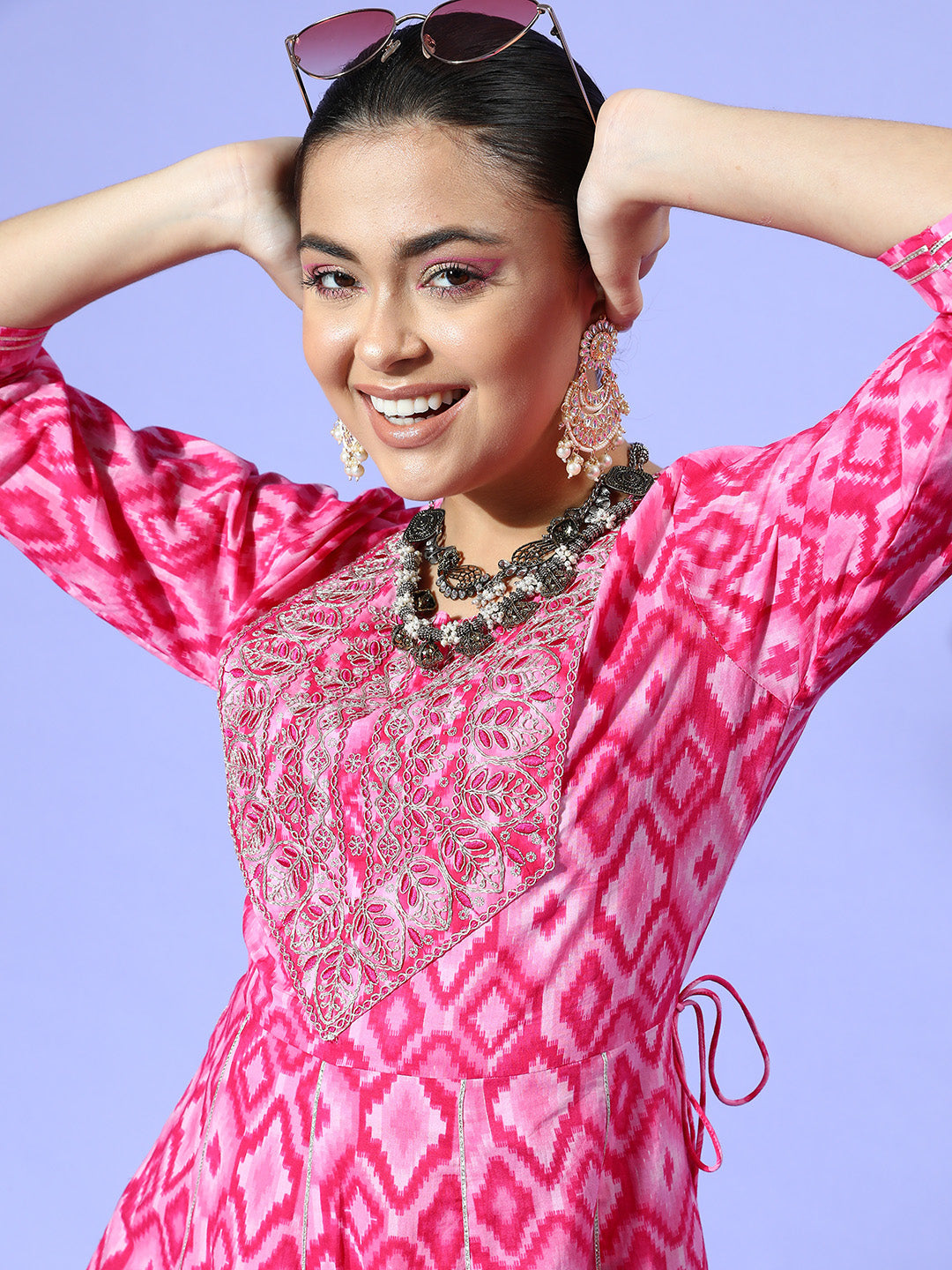 InWeave Women's Abstract Pink Print Long Dress With Work