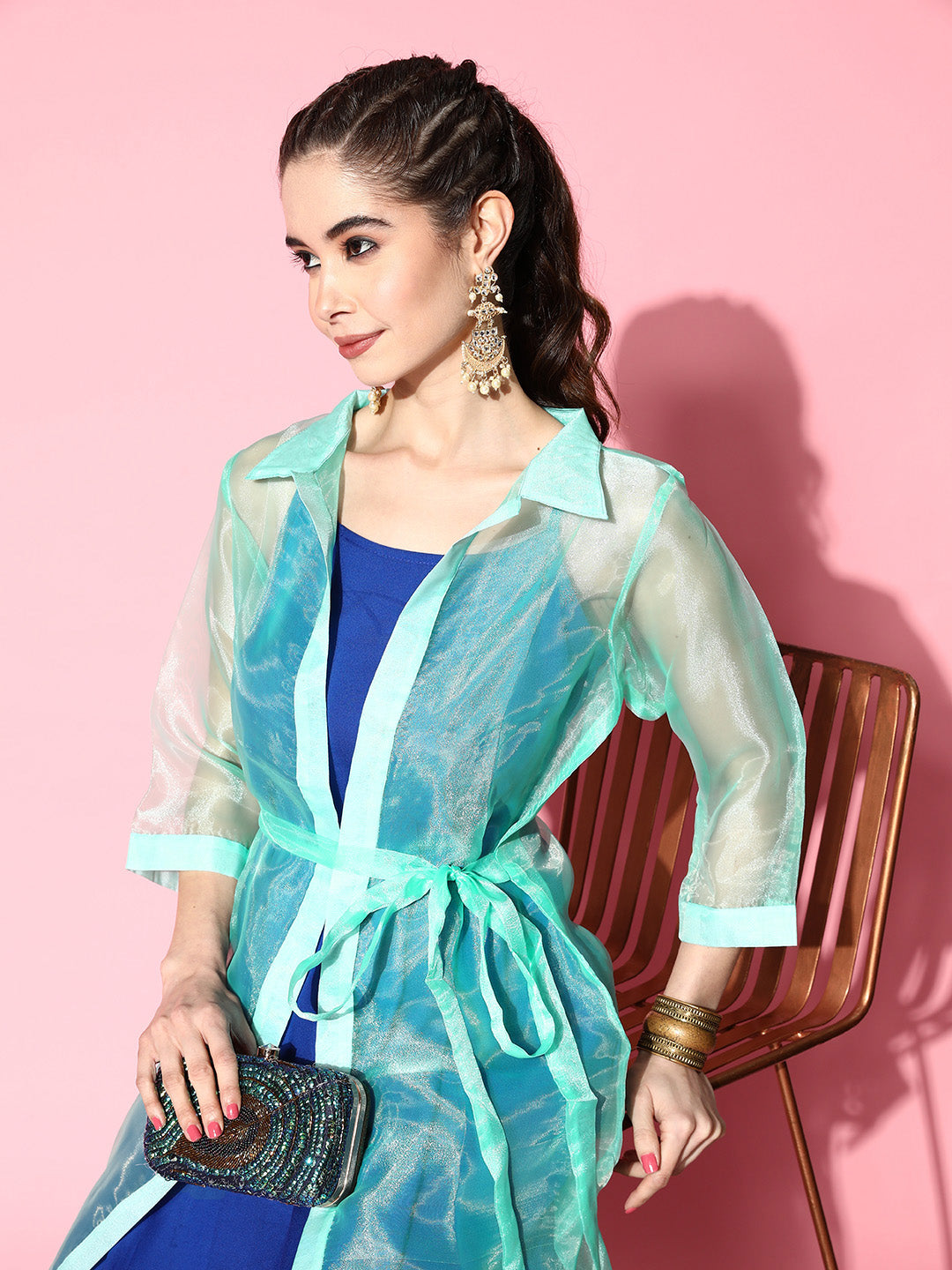 InWeave Women's Ink Blue Strappy Kurta Set With Teal Organza Cape