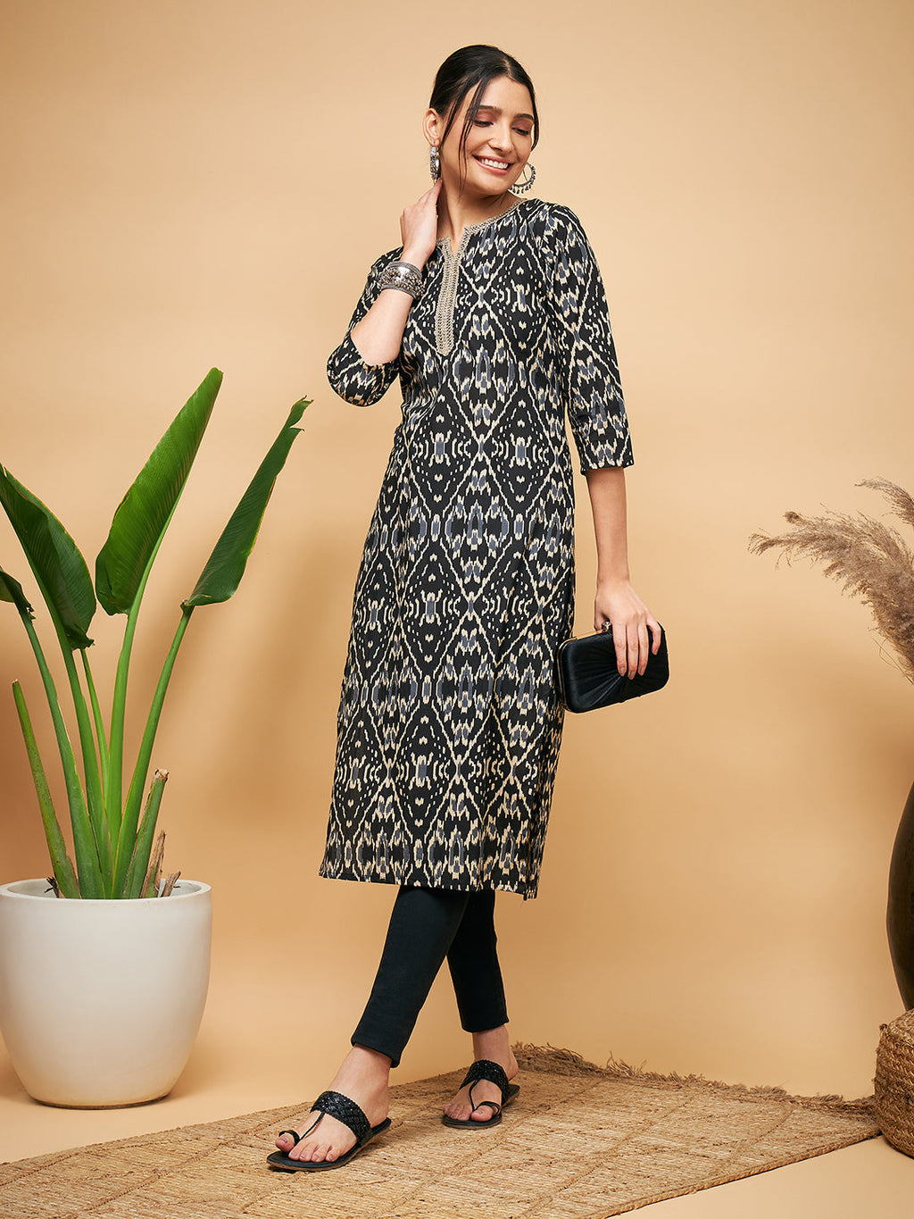 InWeave Women's Black Ikkat Print Gota Cotton Straight Kurta