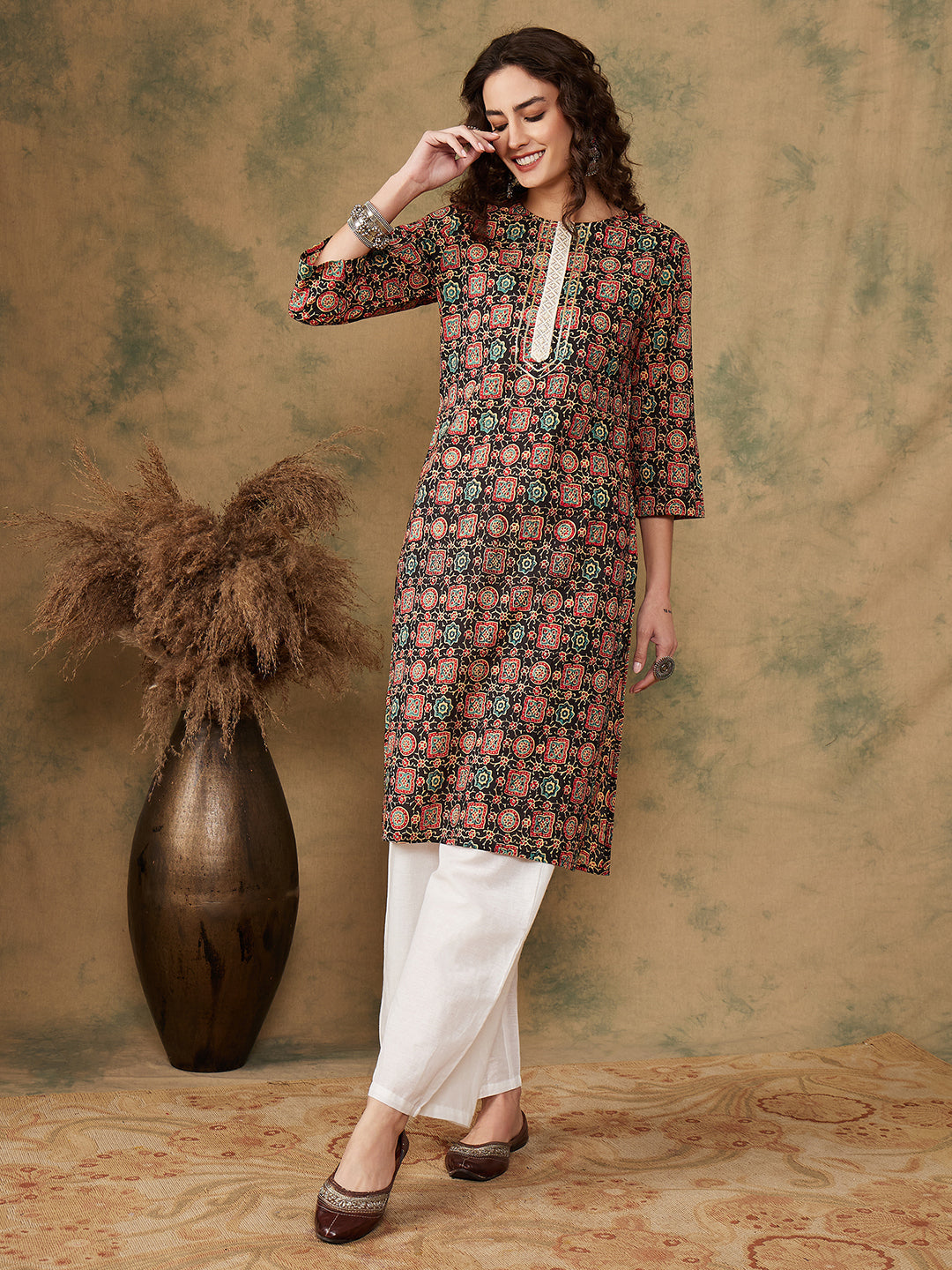 InWeave Women's Black Maroon Print Lace Gota Work Straight Kurta