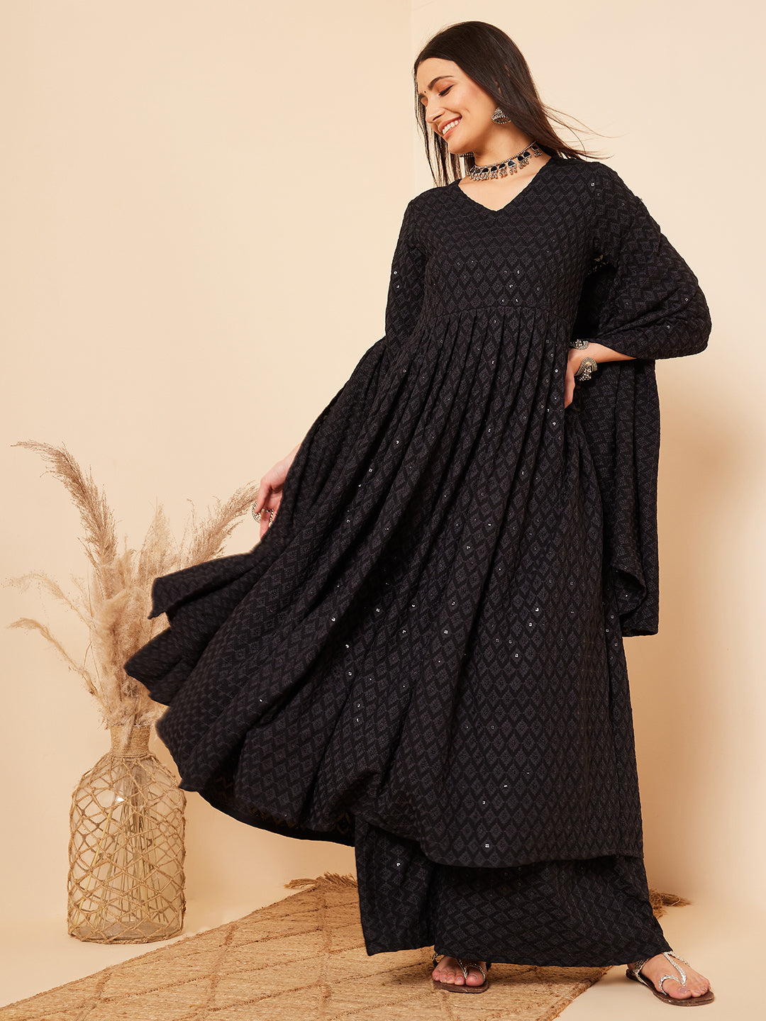 InWeave Women's Black Chikankari Long Anarkali Kurta Sharara Set W Dupatta