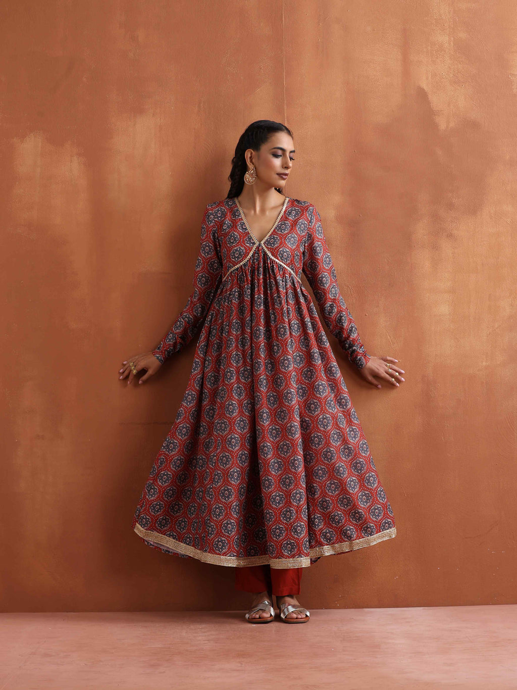 trueBrowns Rust Ajrak Print Flared Anarkali Kurta Set