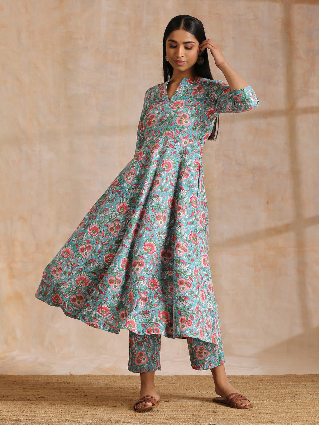 trueBrowns Turkish Blue Overall Floral Block Print Cotton Flared Kurta Pant Set