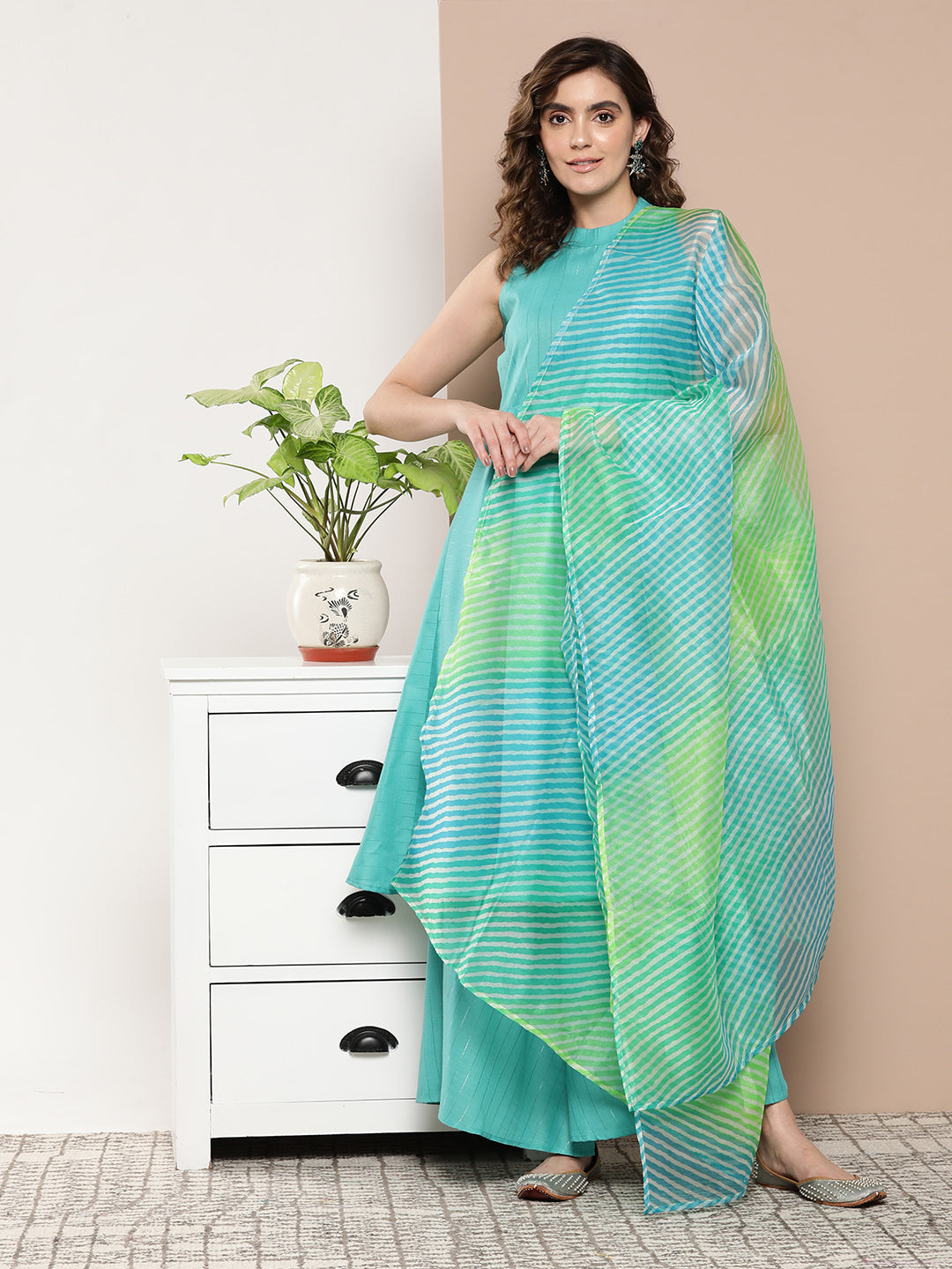 InWeave Women's Teal Lurex Boho Kurta Set With Aqua Leh Organza Dupatta
