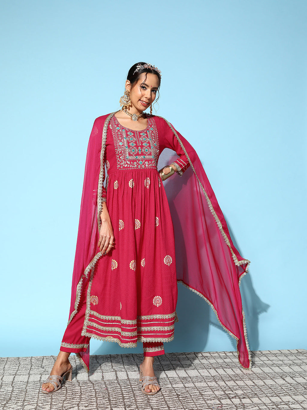 InWeave Women's Pink Nyra Cut Embroidered Kurta Set With Dupatta