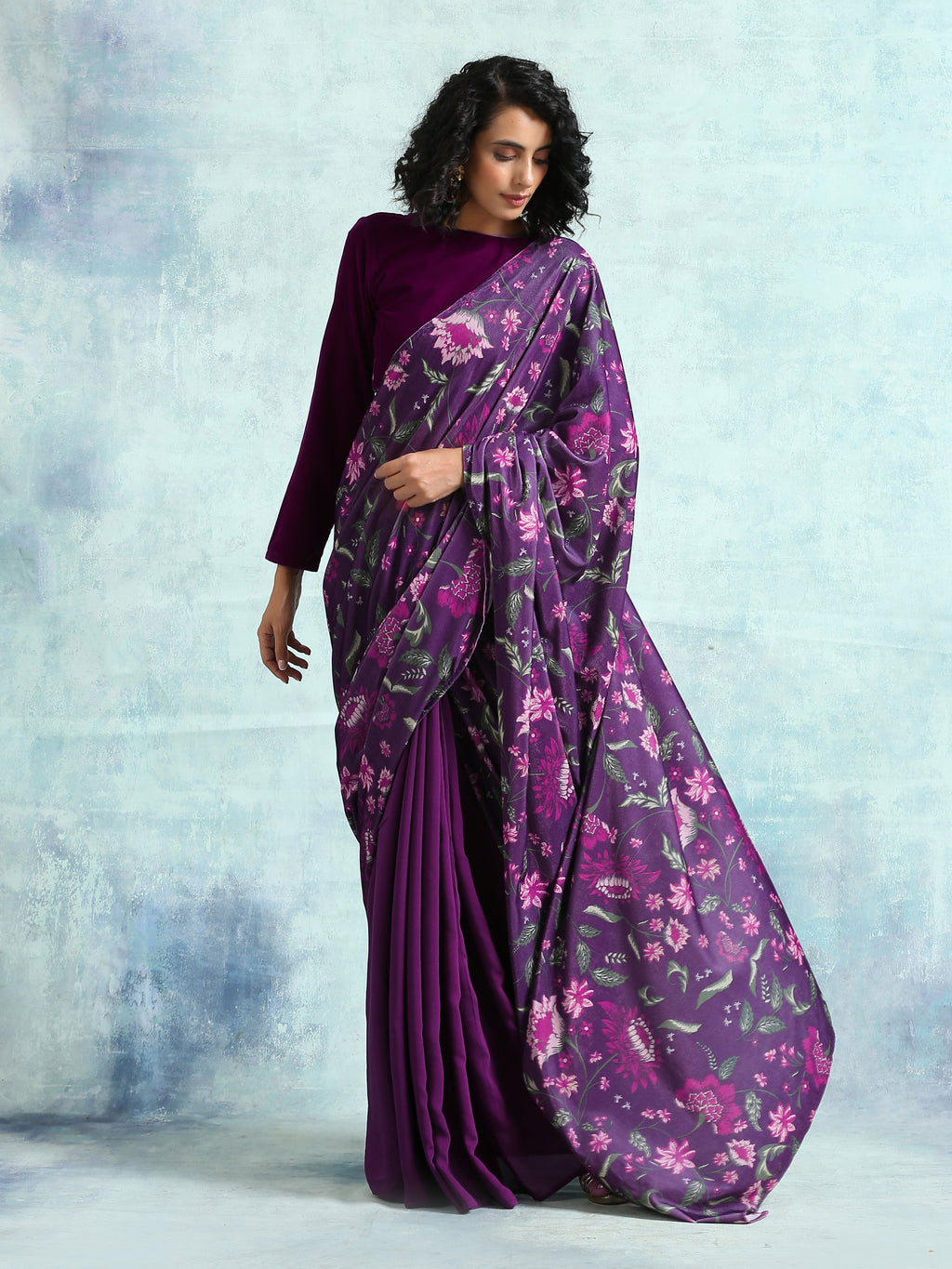 trueBrowns Wine Printed Velvet Ready to Wear Saree