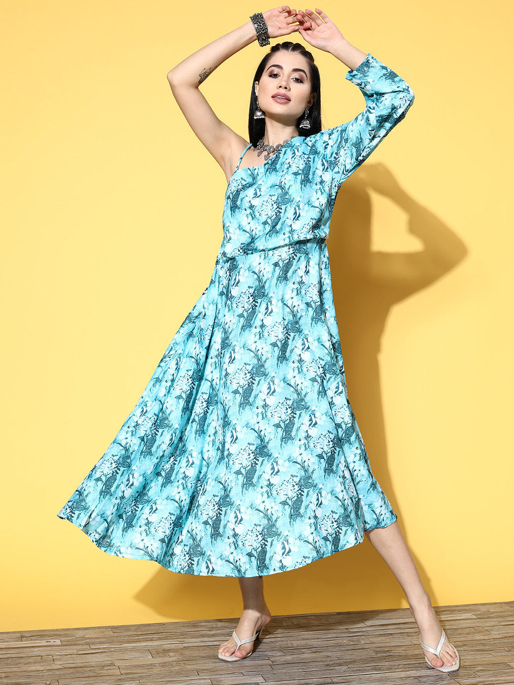 InWeave Women's Sea Blue One Shoulder Rayon Dress