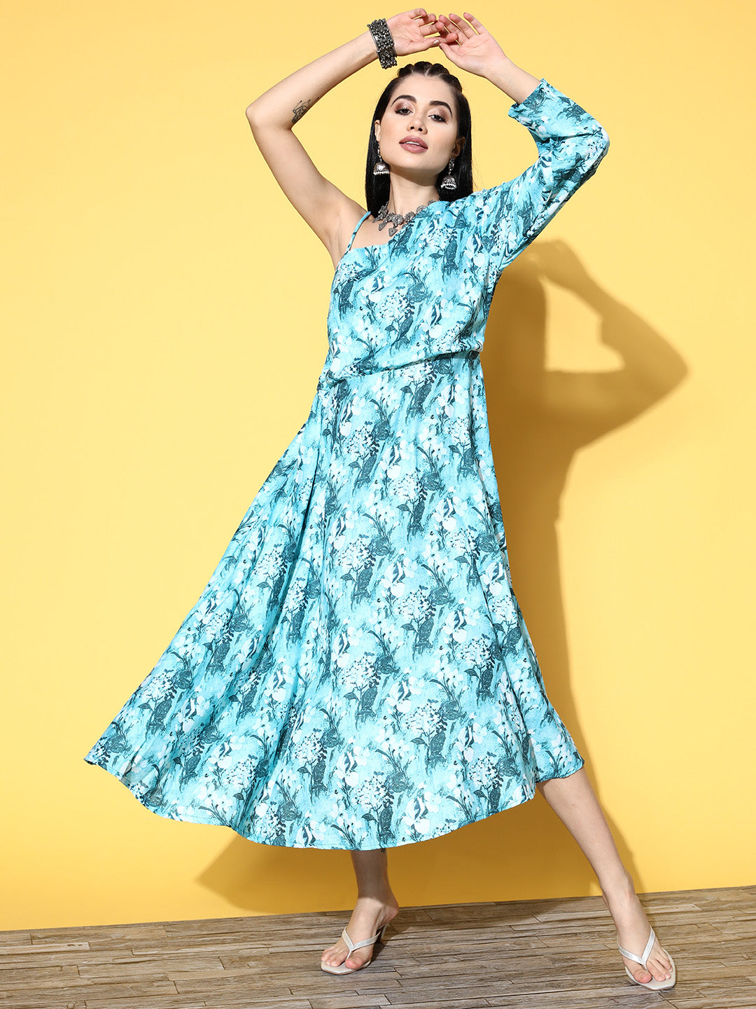 InWeave Women's Sea Blue One Shoulder Rayon Dress