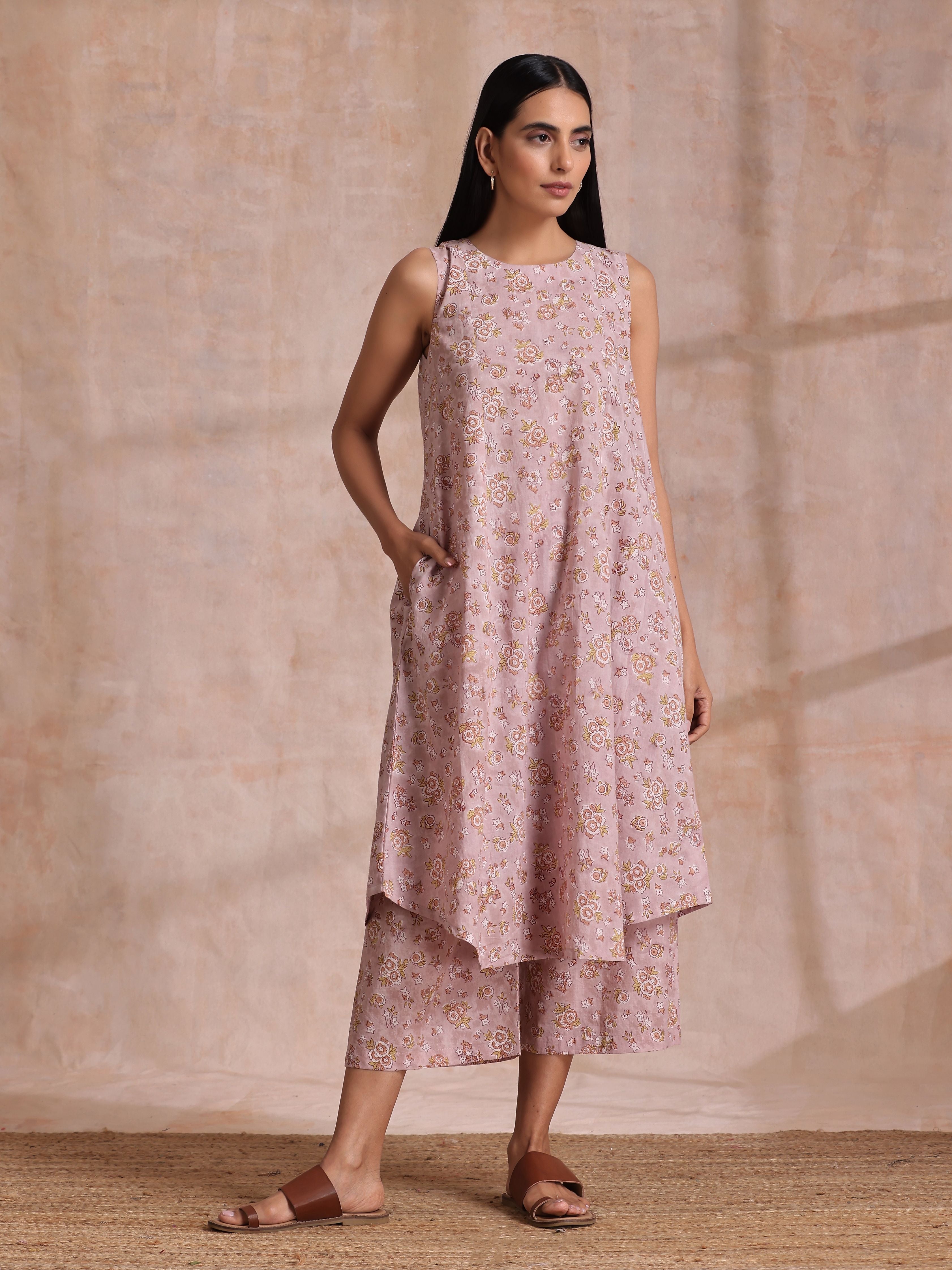 trueBrowns Grey Overall Floral Block Print Cotton High-Low Co-Ord Set