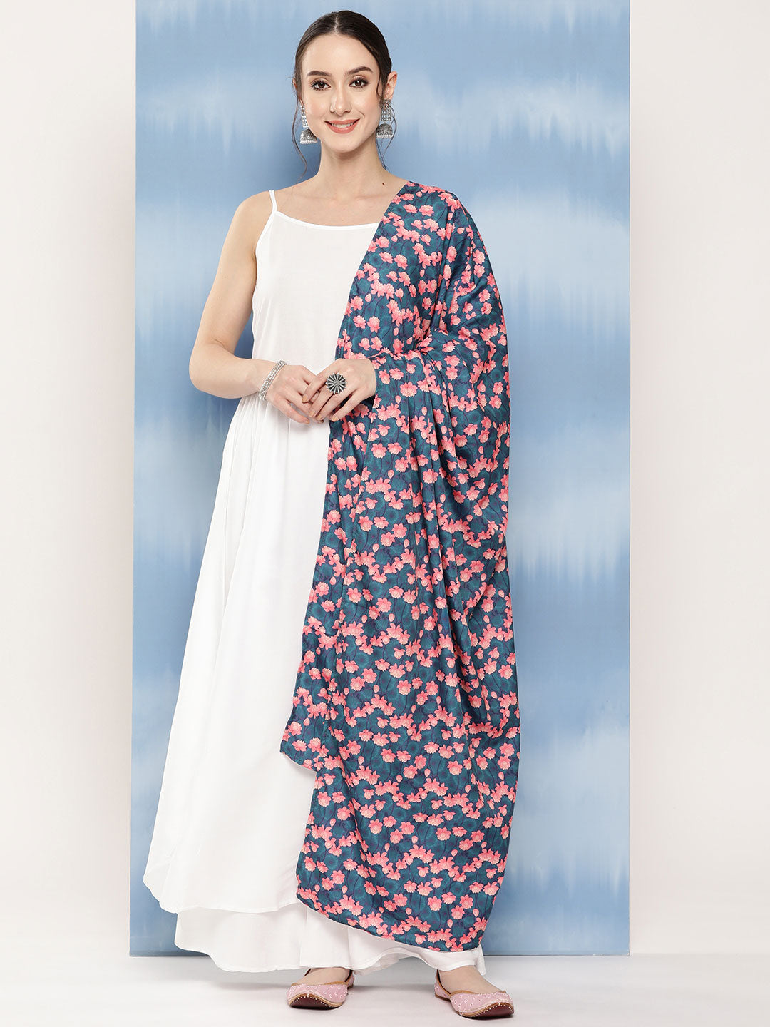 InWeave Women's White Strappy Set With Navy Pink Lotus Cr Dupatta