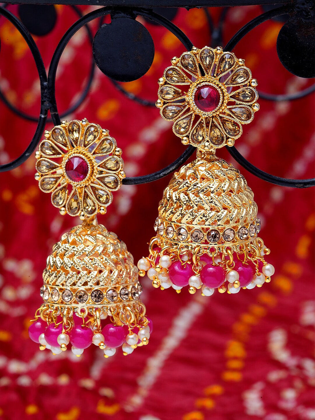 Shining Diva Gold-Polished Pink Dome Shaped Jhumkas