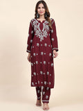 HOUSE OF KARI Floral Embroidered Chikankari Pure Cotton Straight Kurta With Trousers