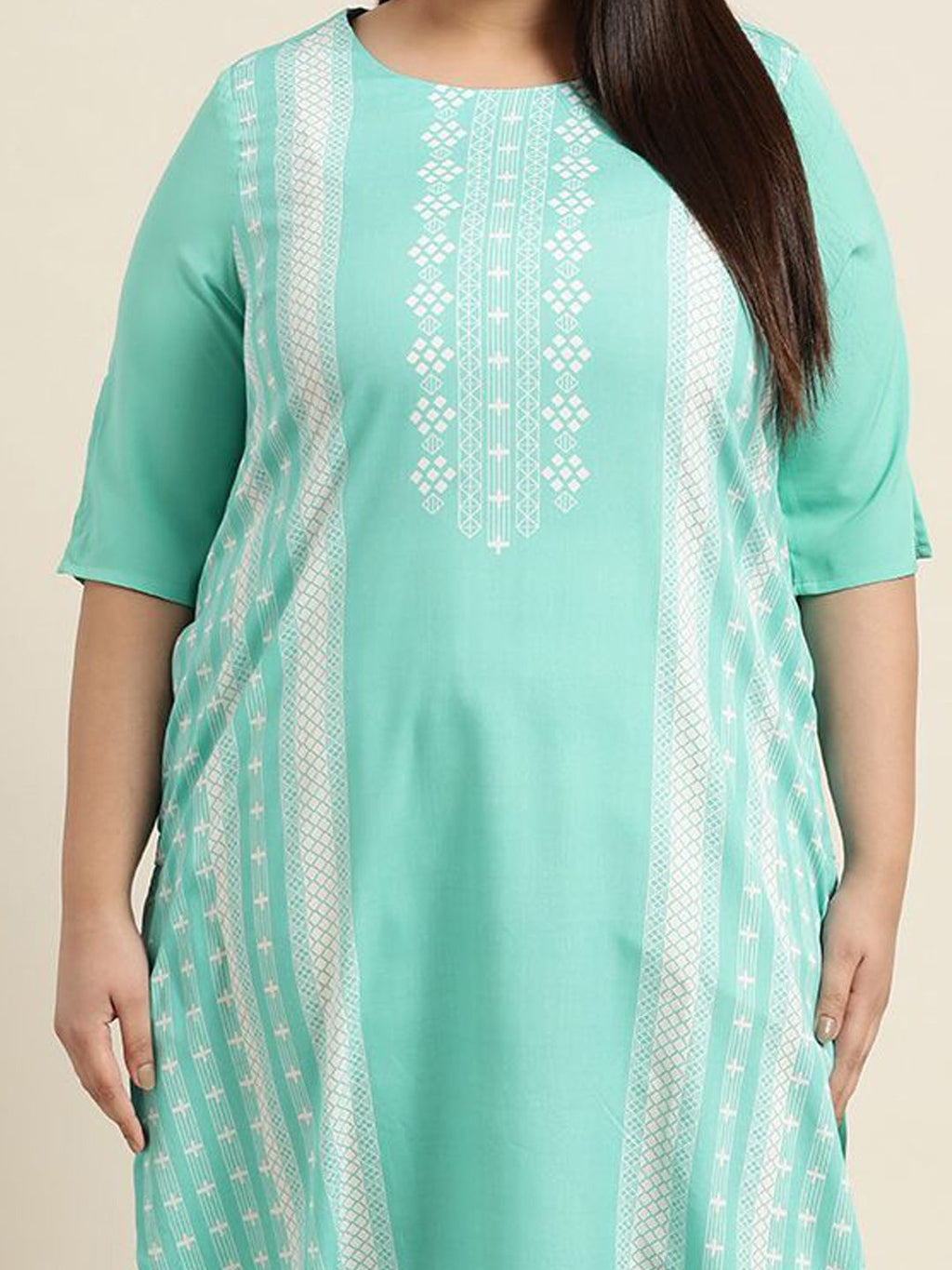 Sztori Plus Size Geometric Printed Round Neck Straight Kurta