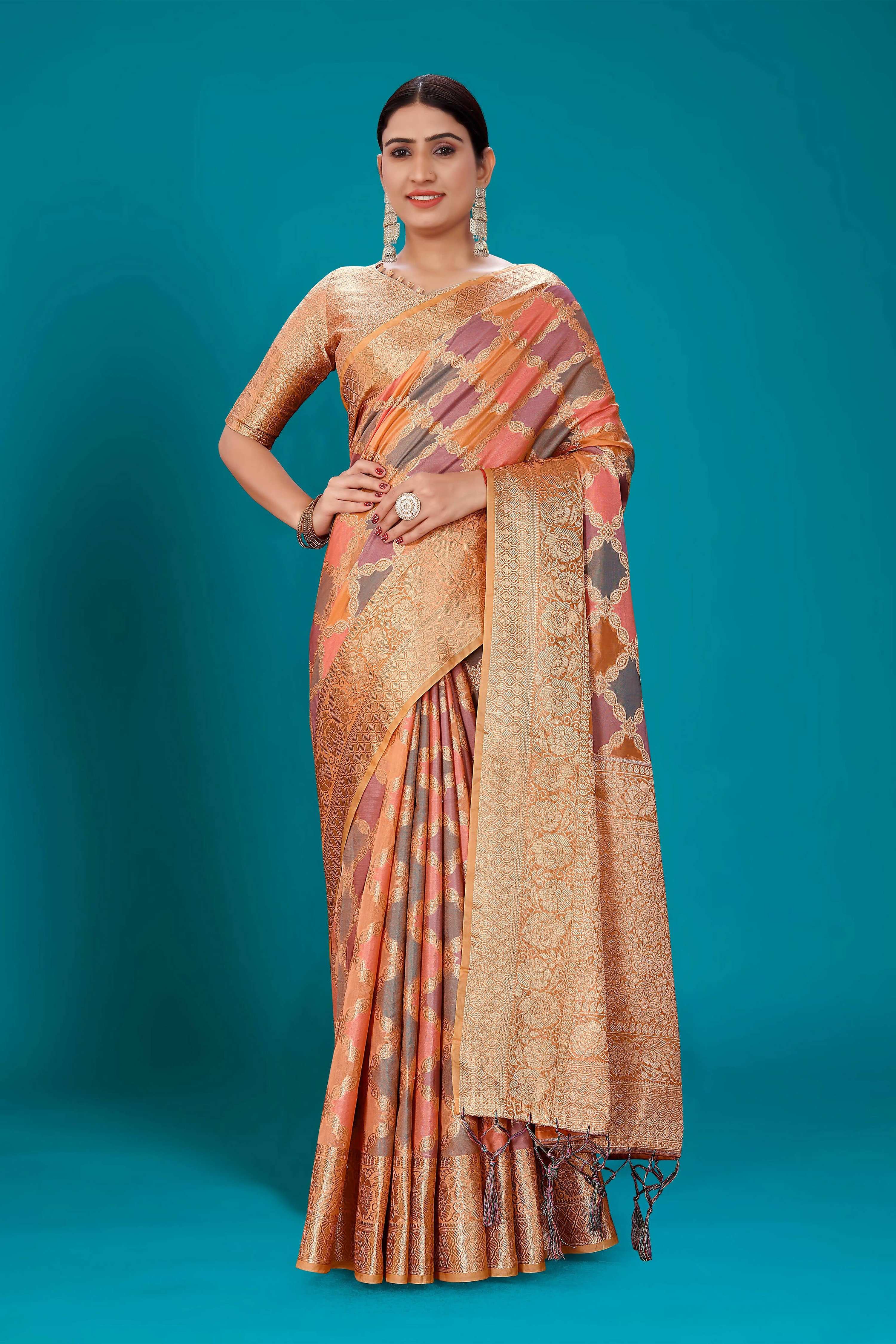 Orange Soft Organza Woven Design Saree with Unstitched Blouse Piece - Zaara
