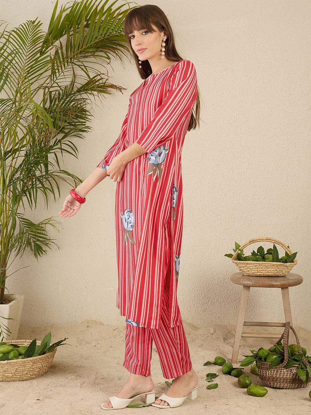 Indo Era Women Solid V-Neck Regular Kurta with Trousers