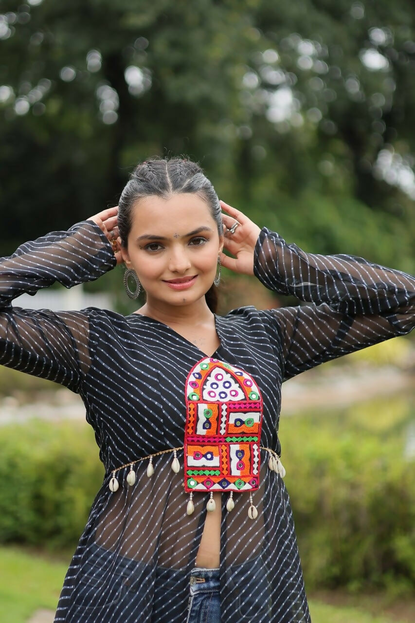 Vastranavya Black Navratri Special Kutchi Patch Work with Leheriya Printed Kurti