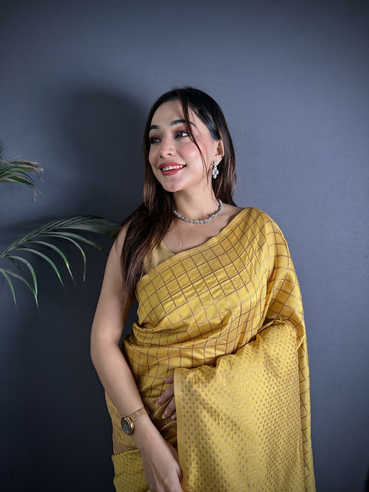 Joban Fashion Golden Yellow Banarasi Soft Lichi Silk Checks & Woven Saree