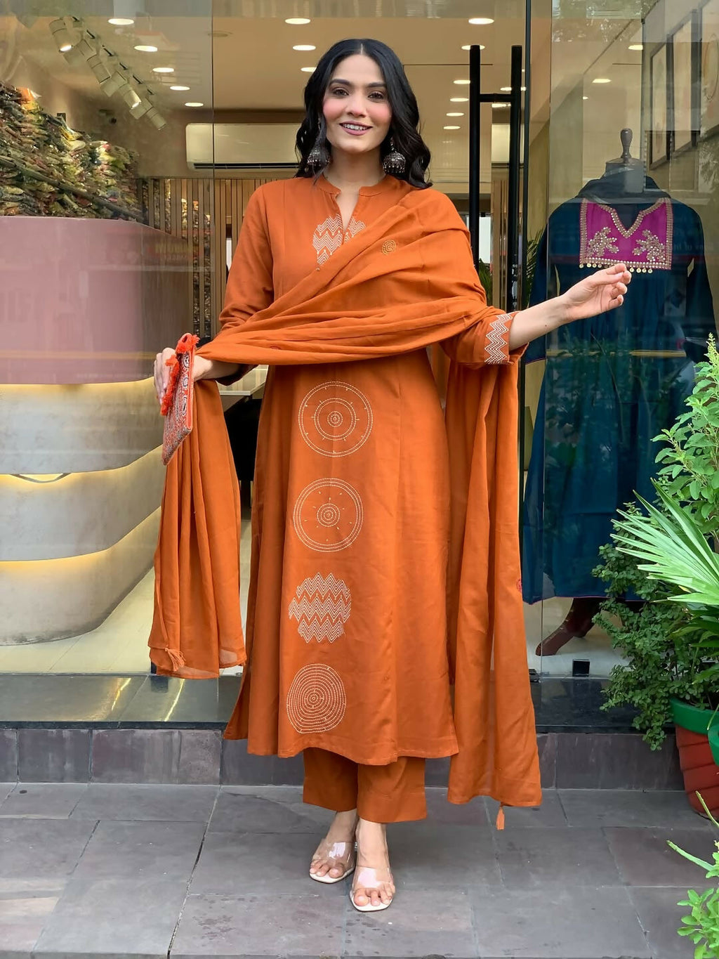The52 Orange Women's Gorgeous Chanderi Fabric Embroidered Work Straight Kurta Pant and Dupatta Set