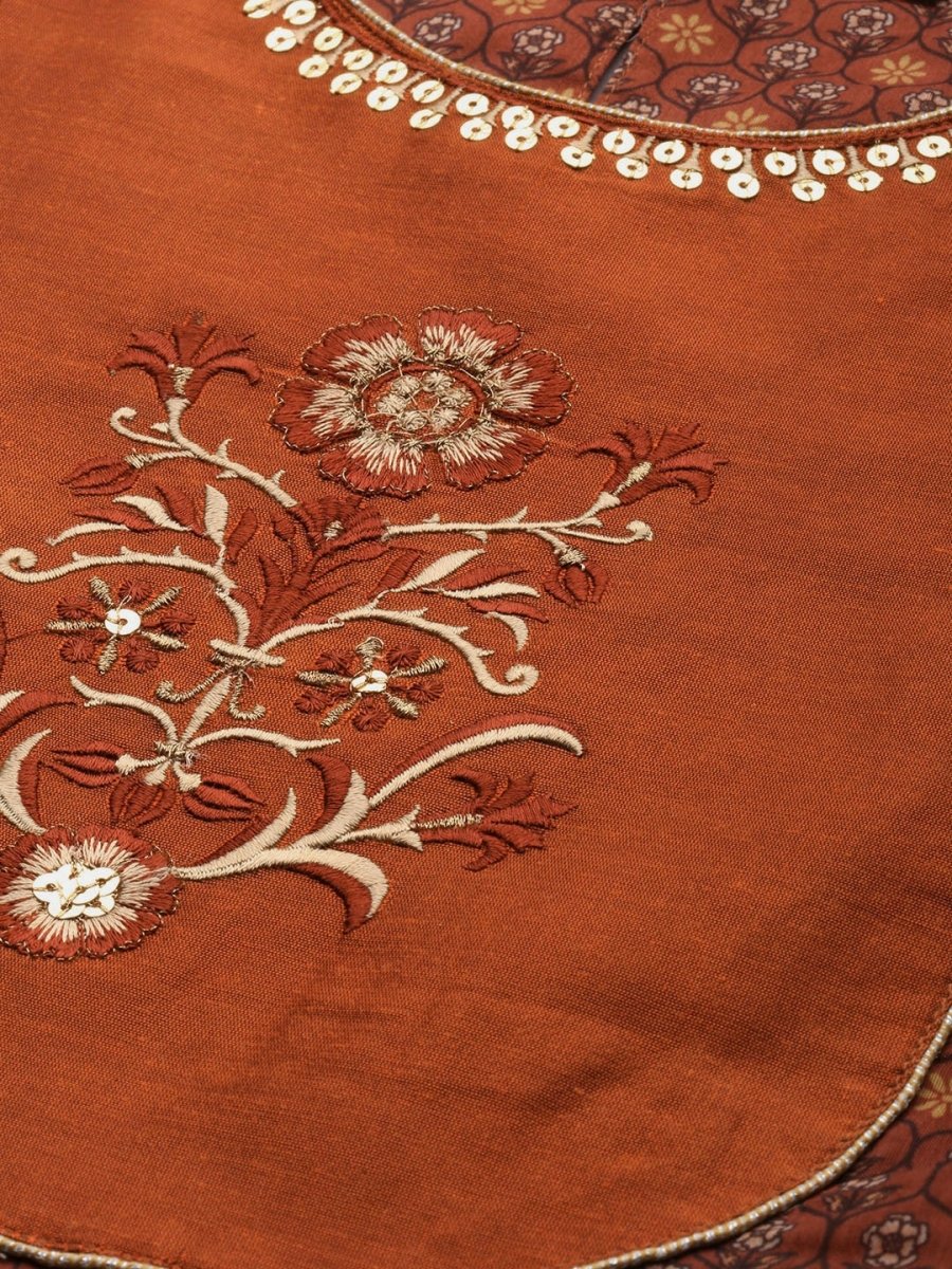 All About You Women Rust Floral Printed Empire Kurta with Trousers