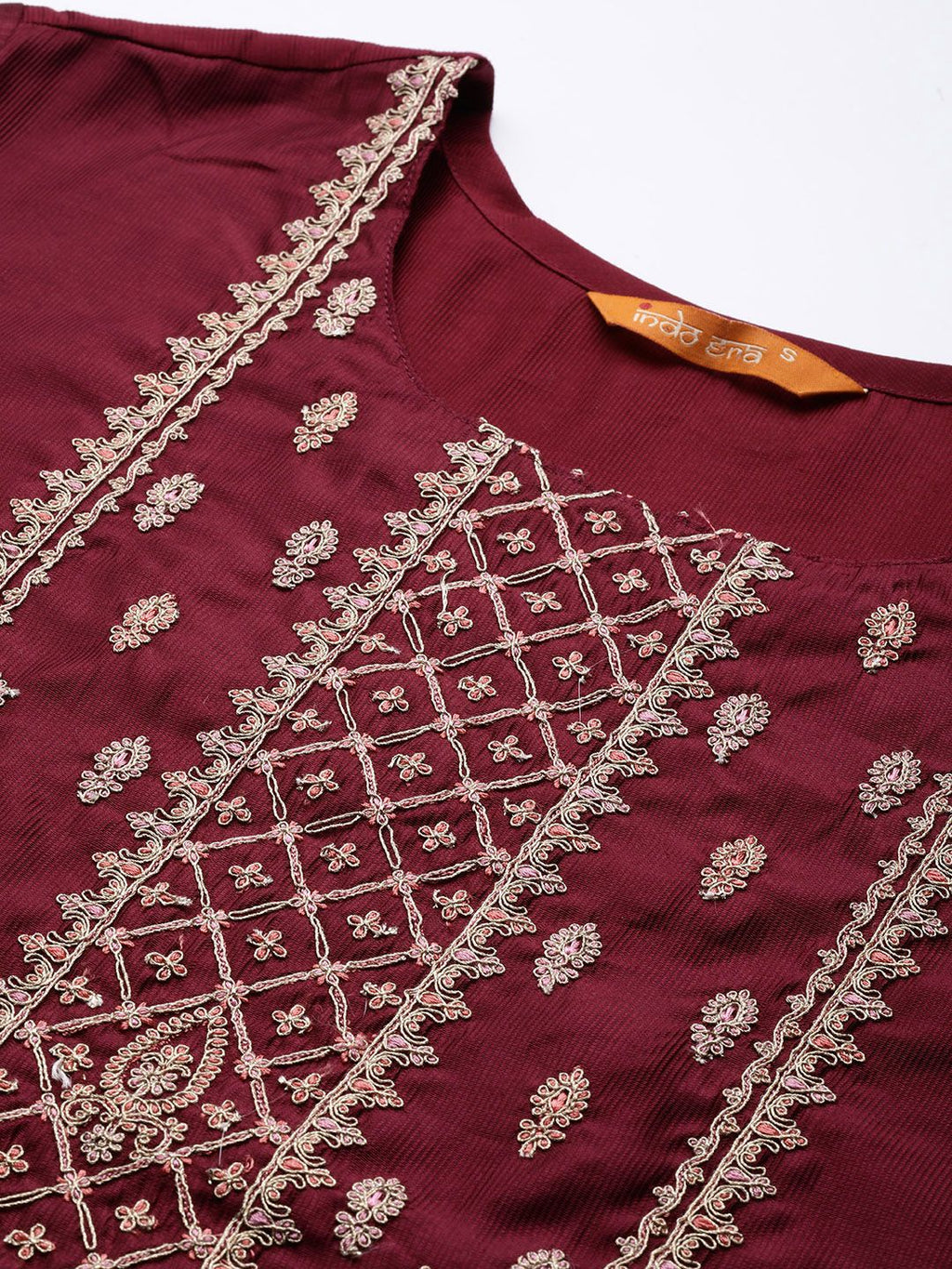 Indo Era Women Magenta Ethnic Motifs Embroidered Kurta with Trousers & With Dupatta