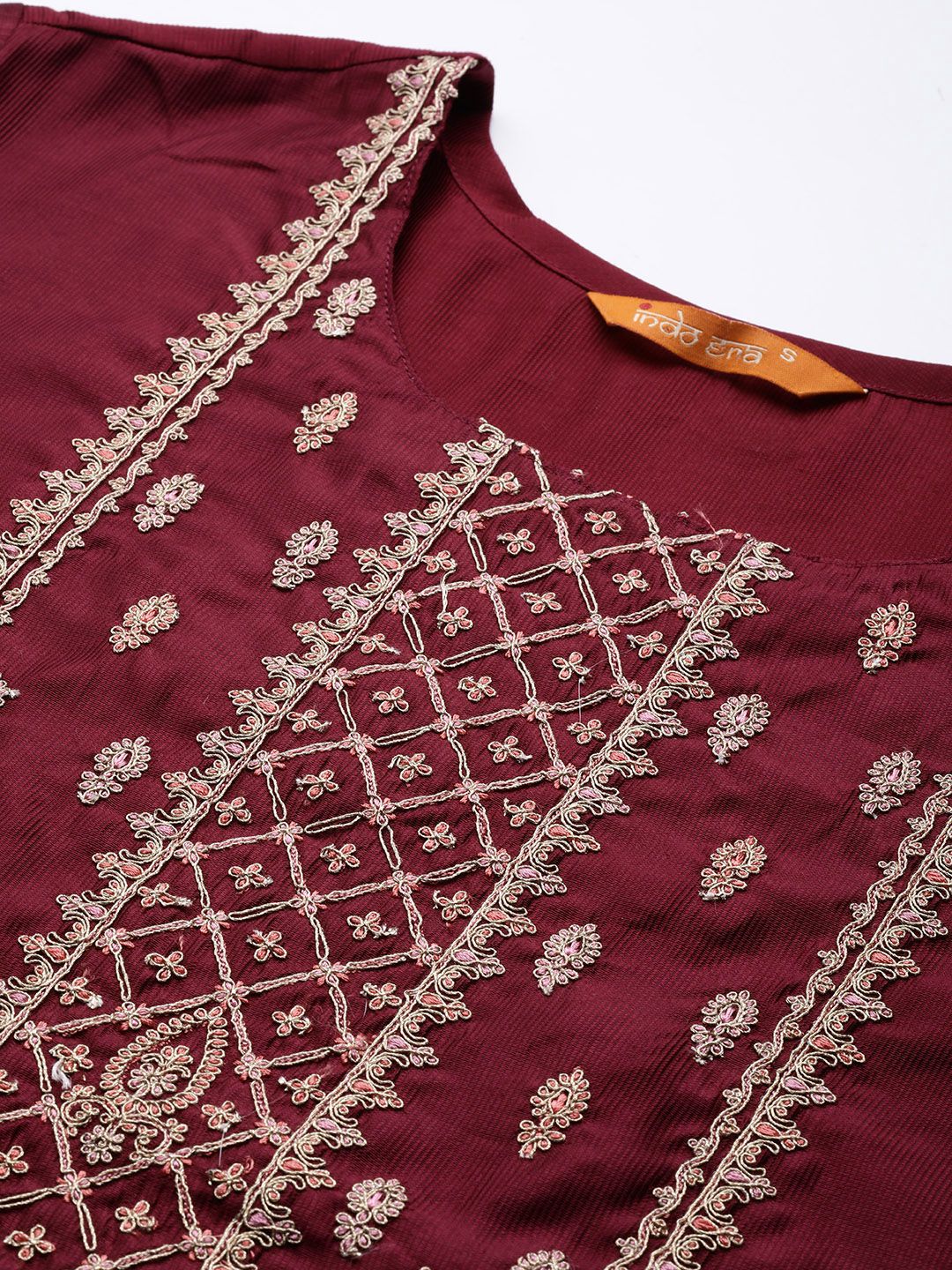 Indo Era Women Magenta Ethnic Motifs Embroidered Kurta with Trousers & With Dupatta