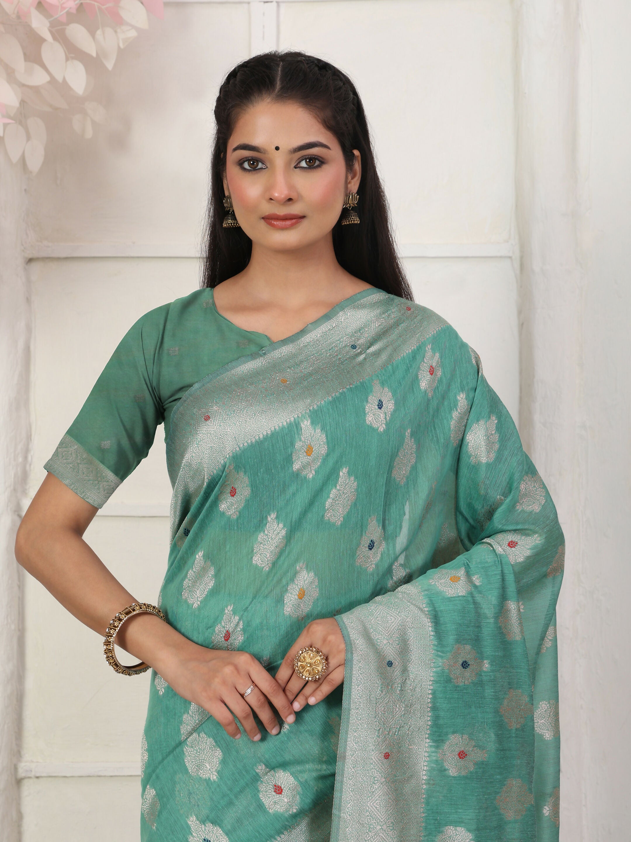 Shree Shyam Fashion Linen Cotton Rama Green Saree