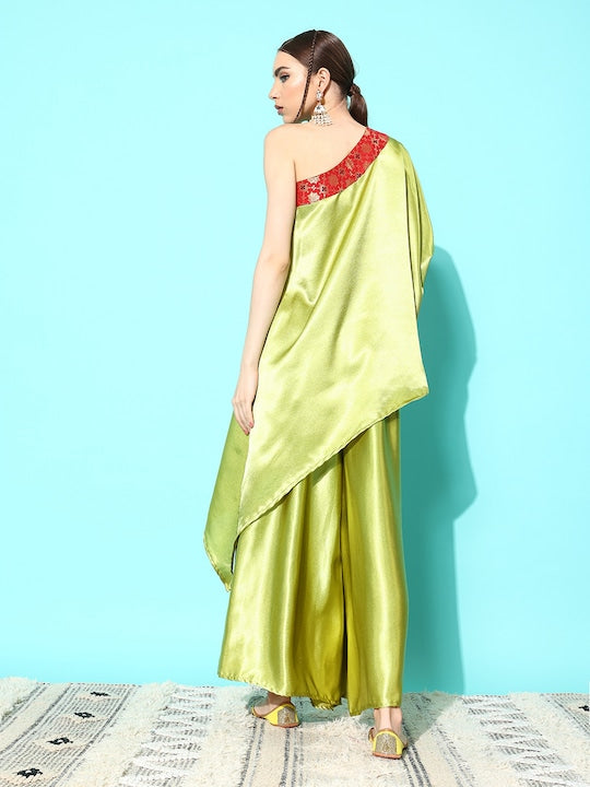 InWeave Women's Olive Red Brocade Satin Oneshoulder Kurta Set