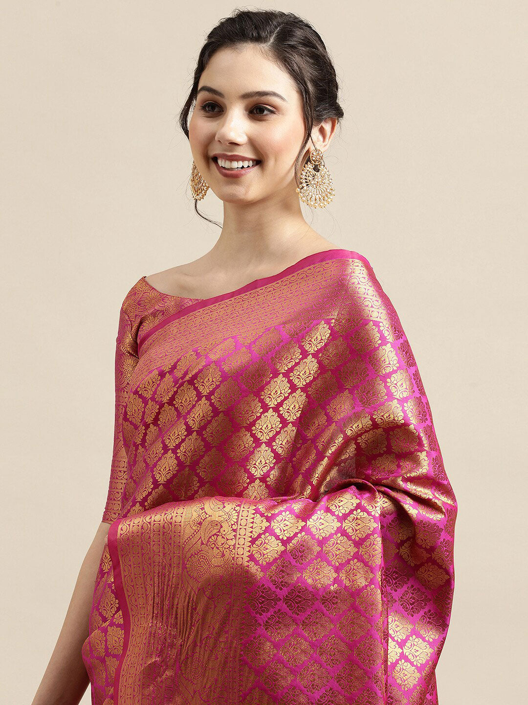 Saree Mall Pink & Gold-Toned Woven Design Zari Silk Blend Banarasi Saree