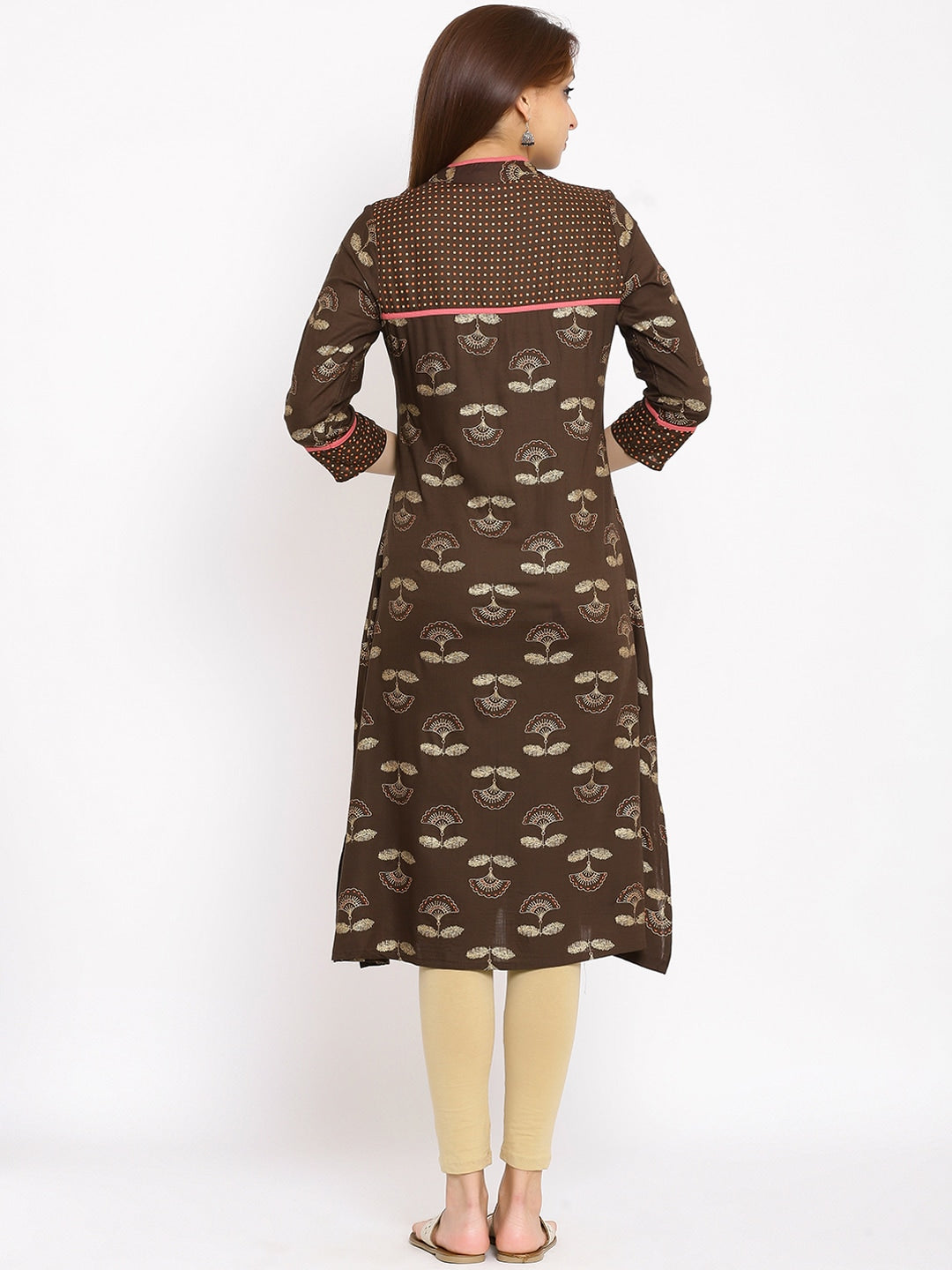 HERE&NOW Brown & Beige Mandarin Collar Floral Printed Straight Kurta