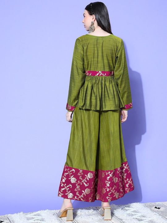 InWeave Women's Olive Wine Brocade Mughal Shaan Kurta Palazzo Set