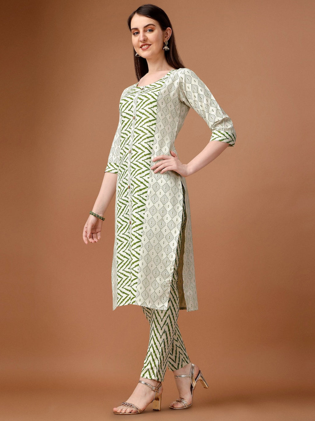 HERE&NOW Geometric Printed Pure Cotton Kurta With Trousers & Dupatta