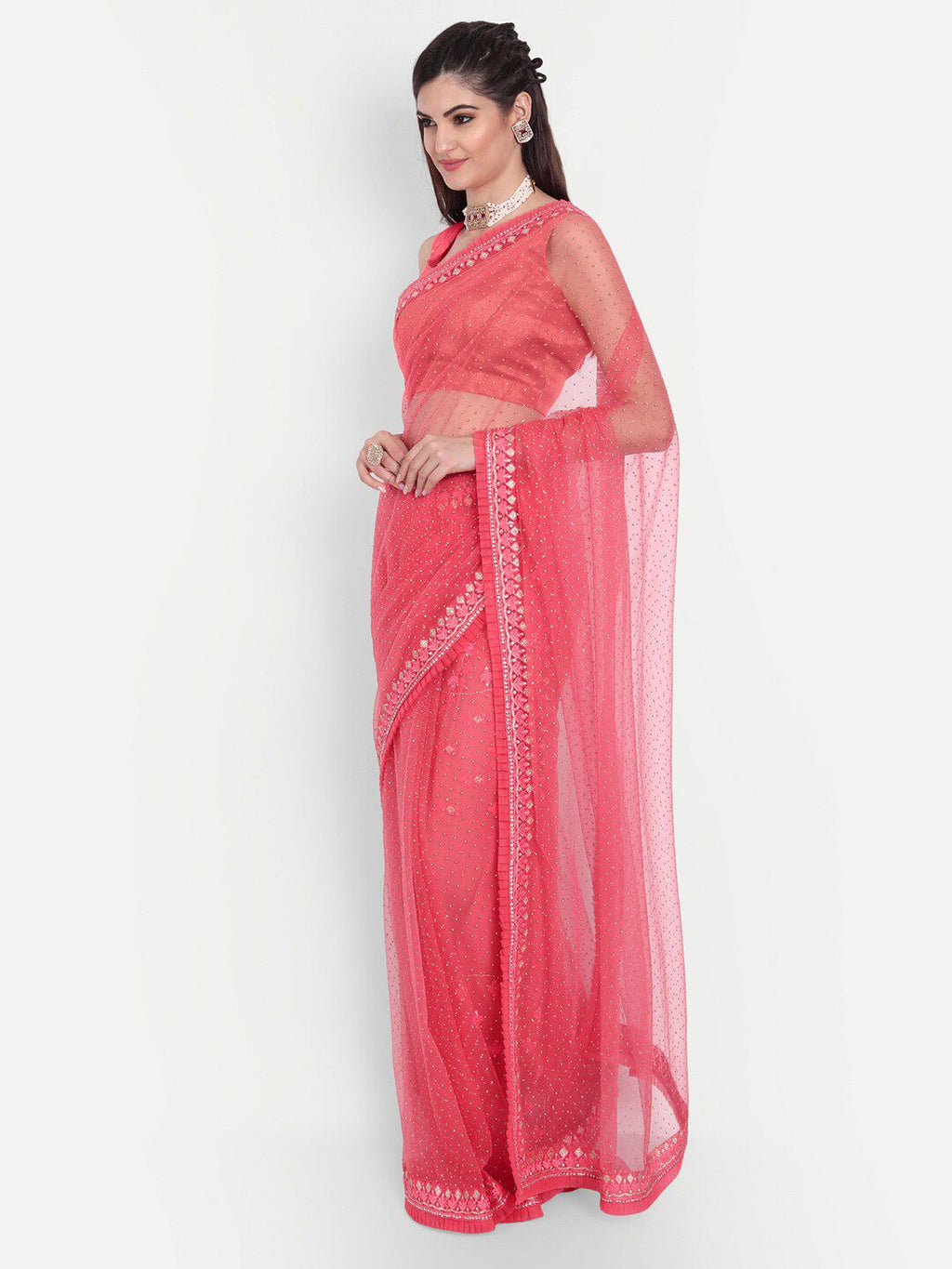 kasee Women Red Floral Embroidered Net Saree