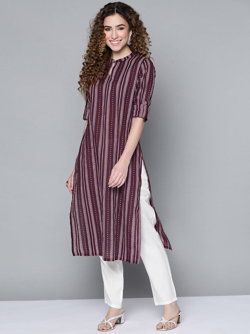 HERE&NOW Women Burgundy & White Printed Kurta